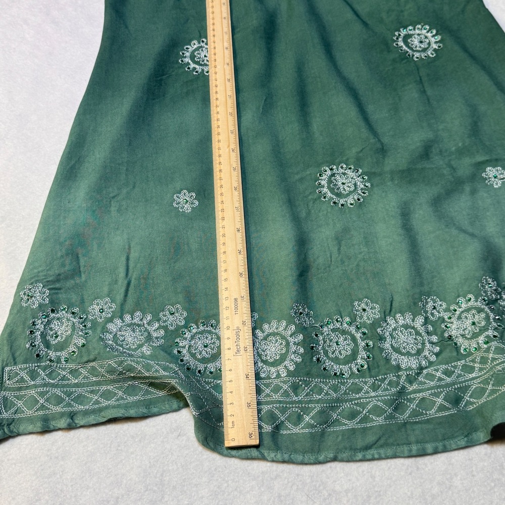 Raya Sun Embroidered Shift Dress Womens M Green Boho Beaded Cottagecore Festival - Picture 6 of 7